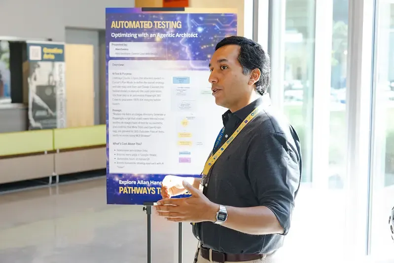 Alan Cuenca presenting automated testing with Playwright at Allan Hancock College in Santa Maria, California