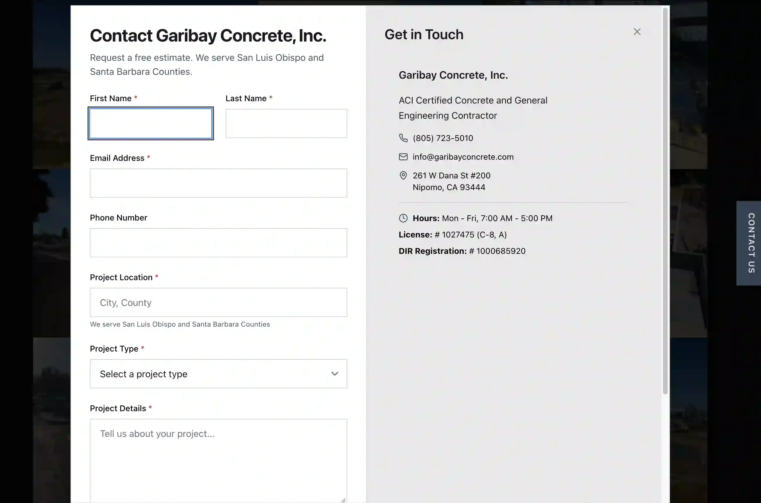 Garibay Concrete free estimate request form with project type and location fields