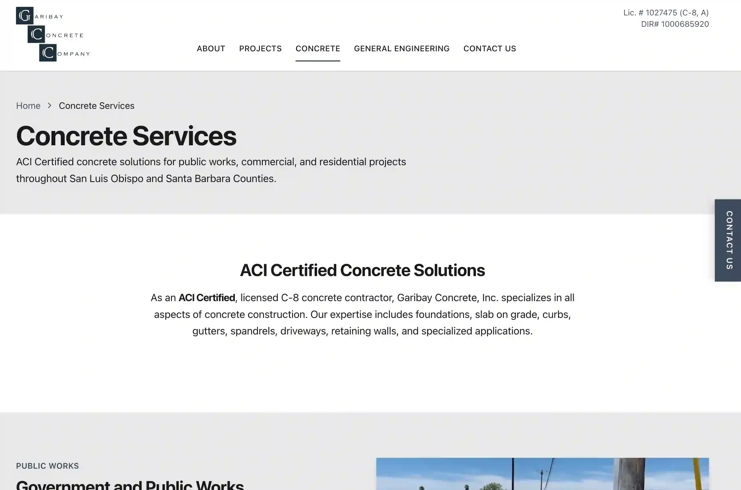 Garibay Concrete services section covering public works, commercial, and residential concrete